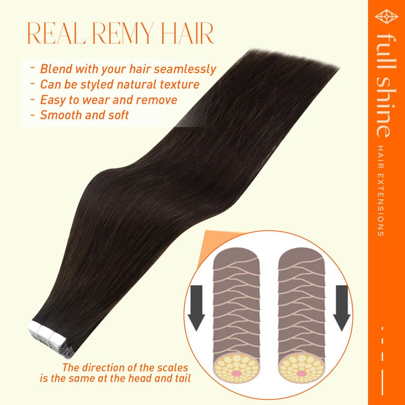 Full Shine Tape in Hair Extensions Real Human Hair 16Inch Color 2 Dark Brown Seamless Hair Extensions Tape in Double Sided Tape Hair Extensions 40Pcs Invisible Skin Weft 100G for Women - Image 3